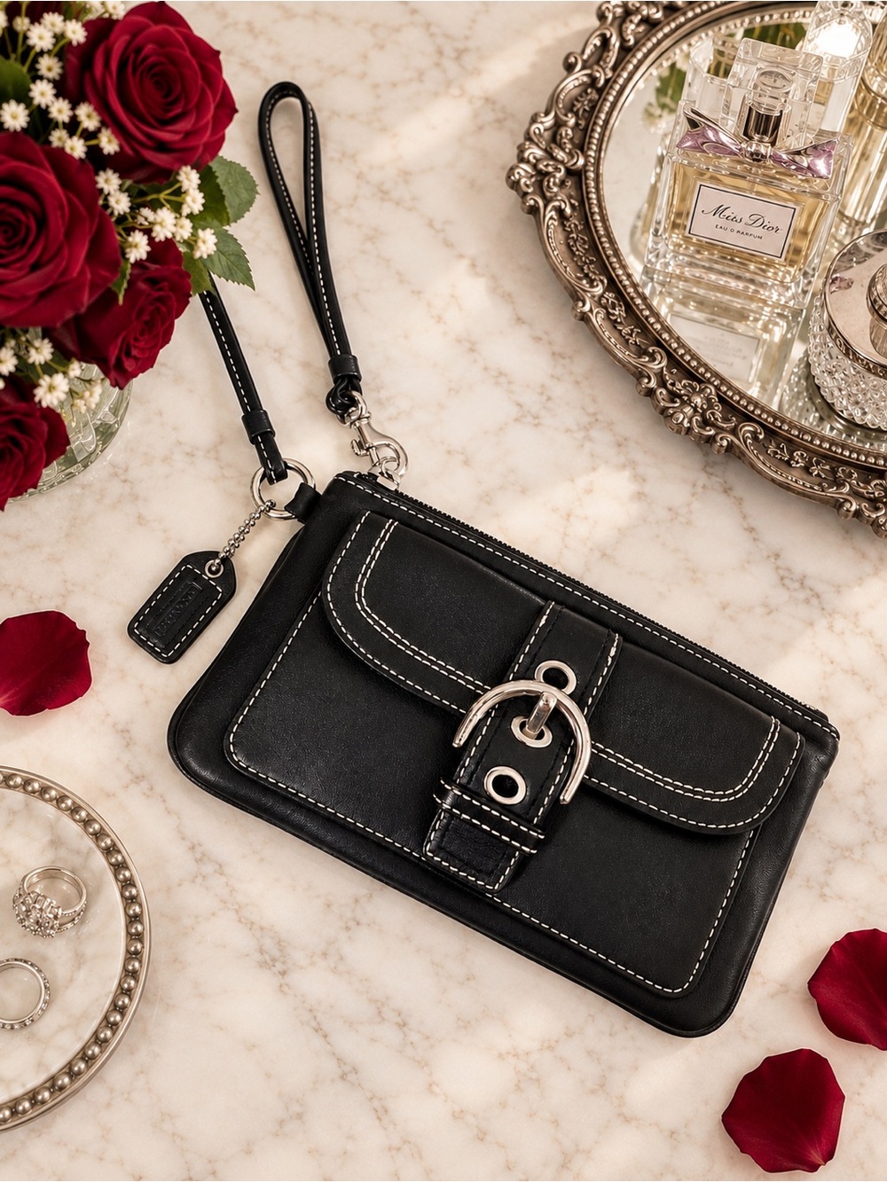 COACH Vintage Soho Black Leather Buckle Wristlet | Silver Tone Hardware